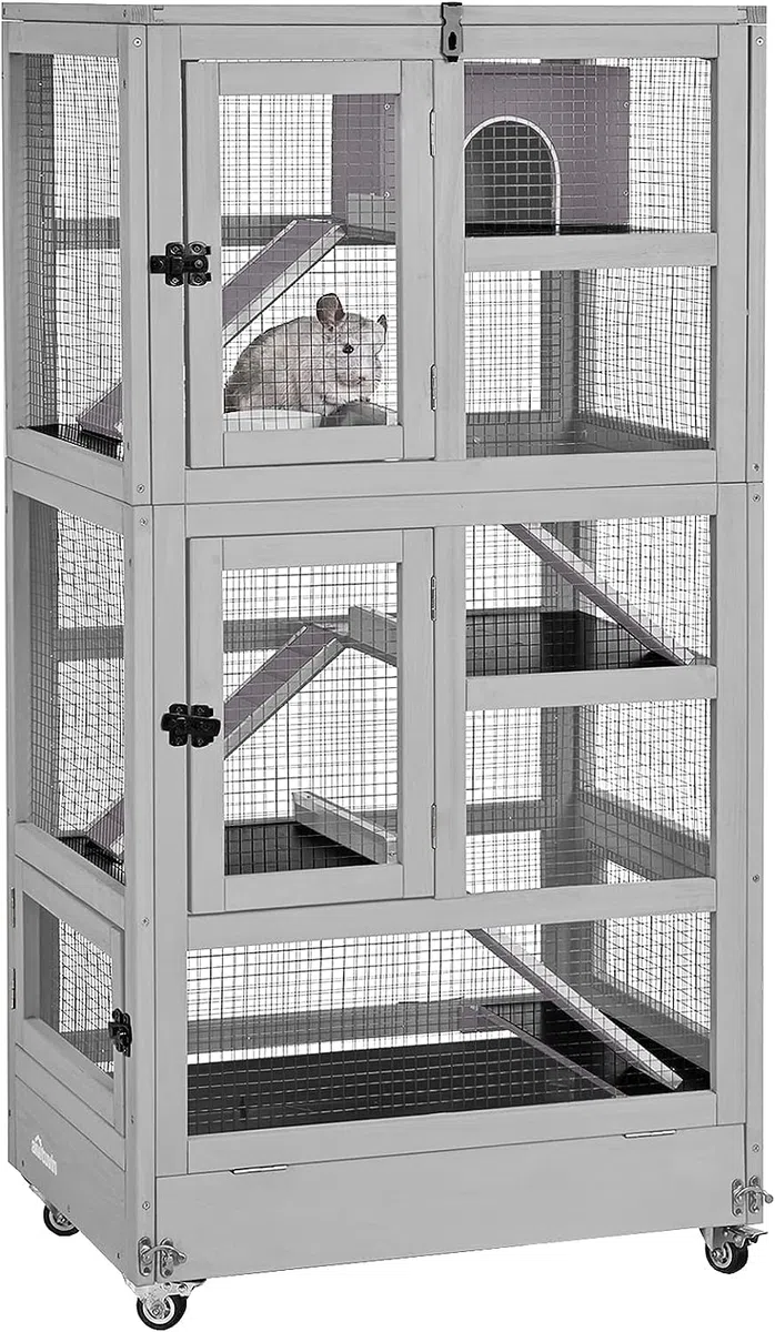 Großes Frettchenkäfig aus Holz, Hamsterkäfig, Nagerkäfig, Mäusekäfig mit Treppen, Kleintierkäfig Nagervilla, für Drinnen oder Draußen Dermeerschweinchen Käfig