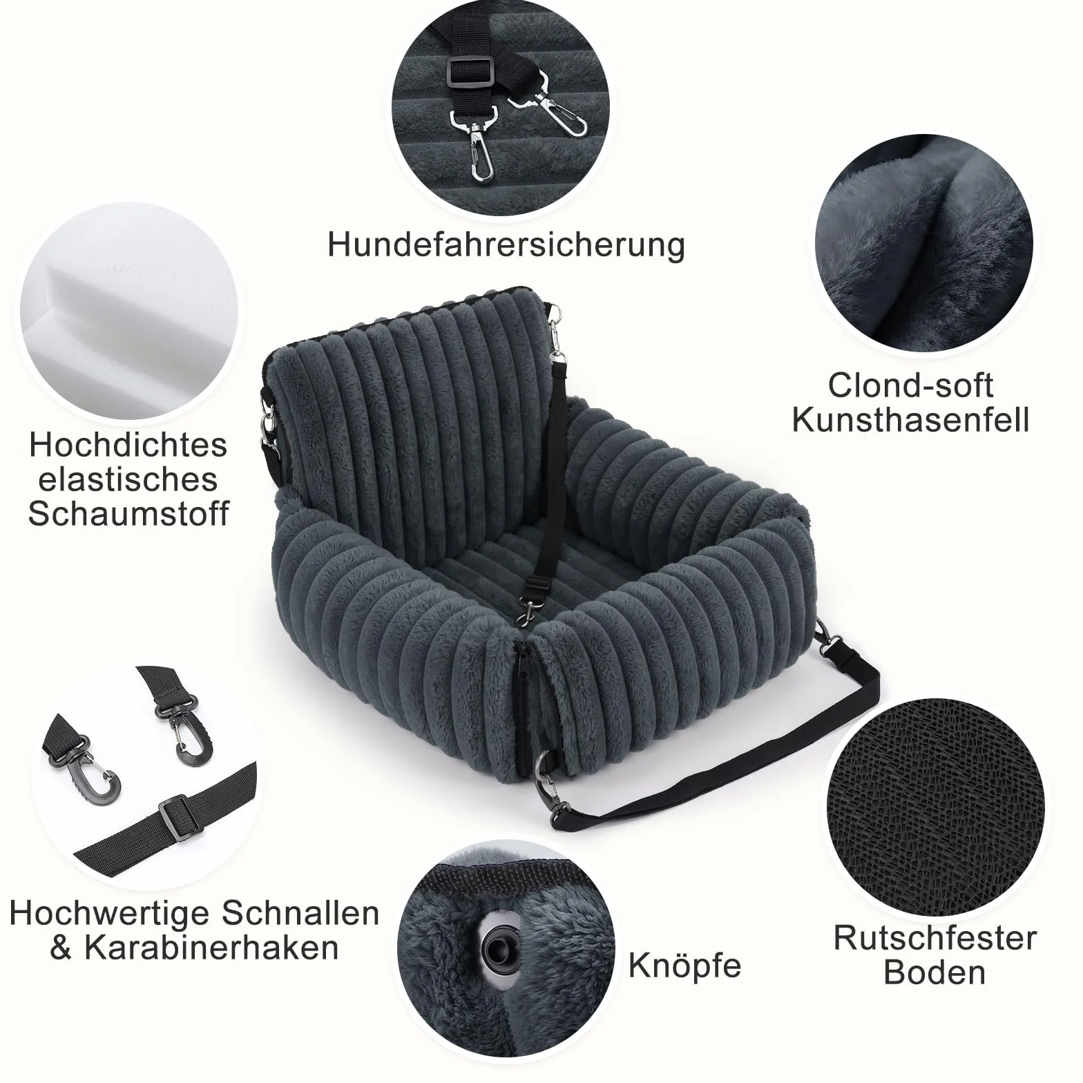 MIXJOY Hunde Autositz für kleine bis mittlere Hunde, Waschbarer Ansteckbare Leine verdickter Memory-Schaum-Füllung, Hundebett Auto für Rückbank Vordersitz, Grau