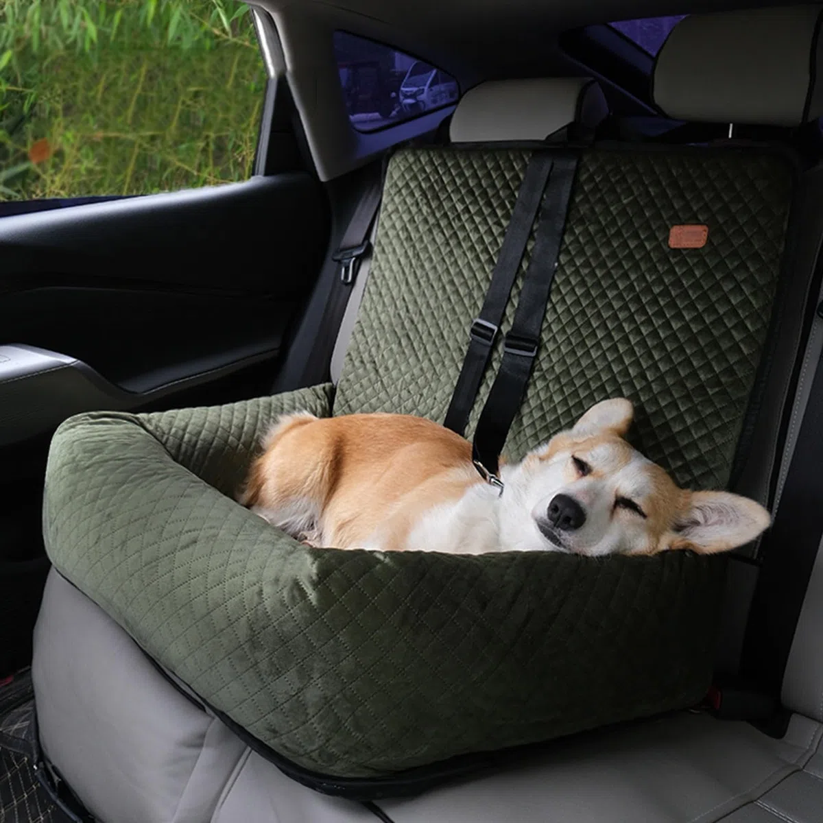 Hundesitz Auto Rückbank, Hunde Autositz, Waschbarer Sitzerhöhung Für Kleine Und Mittelgroße Haustiere, Haustier Reisebett rutschfeste Hundedecke Mit Sicherheitsgurt,Grün