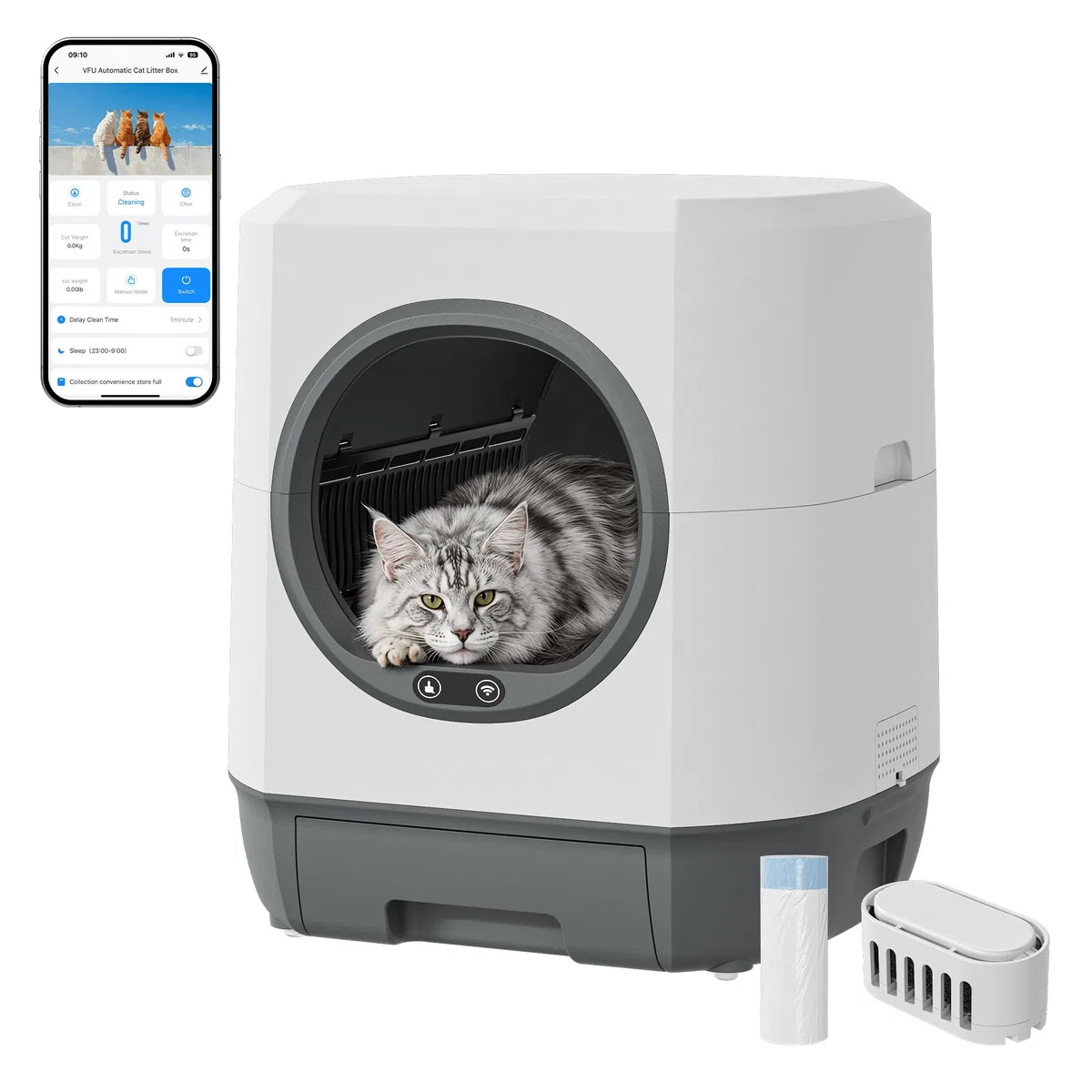 Katzenklo Selbstreinigend 90L, Katzentoilette für Mehrkatzenfamilien | Automatisches Katzenklo App-Steuerung, Geruchsbeseitigung, Mehrfachsicherheit, Großer Raum, Sicherheit, für den Innenbereich