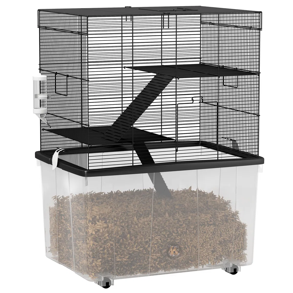 PawHut 3-stöckiger Hamsterkäfig mit 31 cm tiefem Boden und Rädern, Gerbilhaus mit Rampen, Napf, Flasche, 58x43x74 cm, Schwarz | Tiefe Basis 31 cm, Rennmaushaus mit Rampen, Schüssel, Flasche