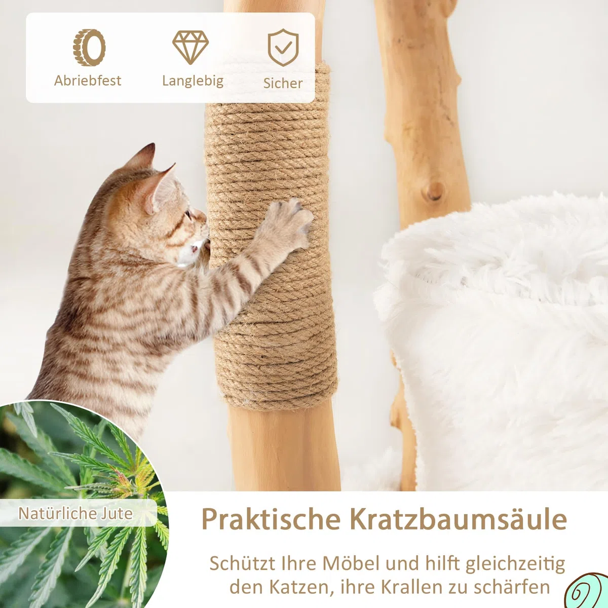 SOARS Kratzbaum Holz, Katzenbaum mit 3 natürlichen Birnbaumstämmen, Katzenhöhle & Plüschflächen, Katzenkratzbaum mit handgeflochtenes Katzenbett & Juteseil, Katzenmöbel, mehrstöckig, 48 x 48 x 124cm