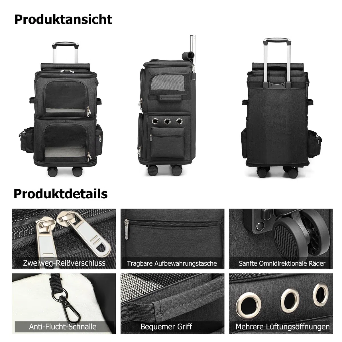 PETCUTE Großer Katzentransportbox für 2 Katzen bis 10kg, Katzenrucksack Hunderucksack mit Abnehmbare Rollen, Faltbar Transportboxen für kleine Hunde mit Innerem Sicherheitsgurt,perfekt für Reisen