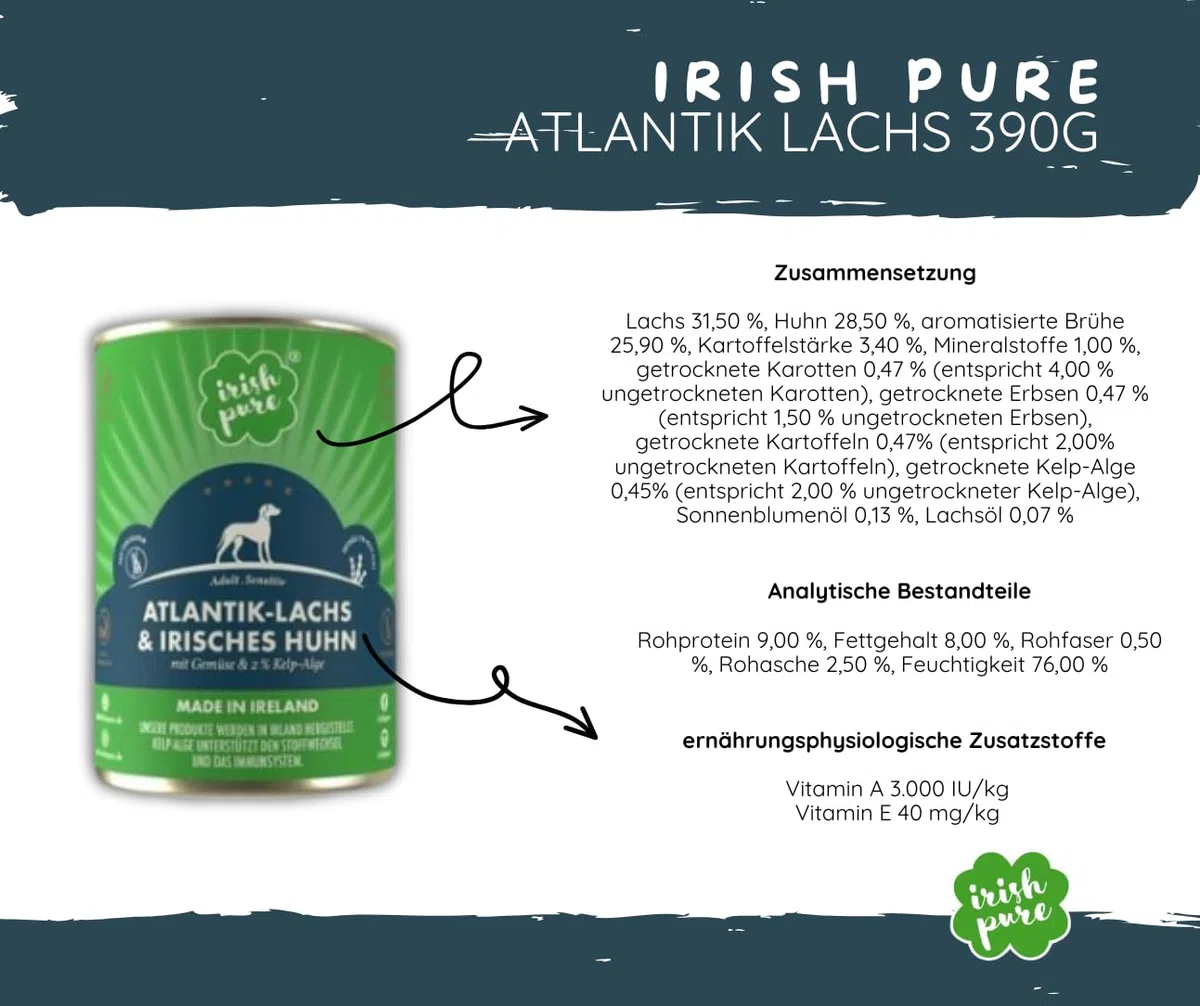 Irish Pure Atlantik Lachs Adult - Hundefutter - 12kg + 6x390g - getreidefreies Trockenfutter & Nassfutter – hypoallergen mit Kelp-Alge & Gemüse – Single Protein – natürlich & sensibel - Sparpaket