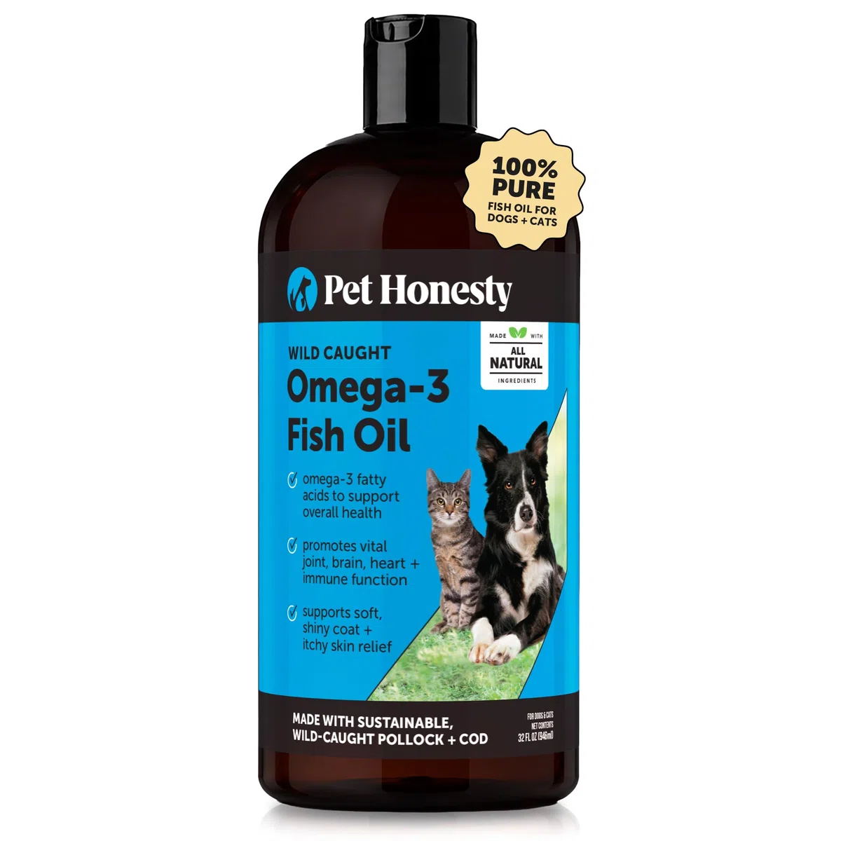 Pet Honesty Omega 3 Fischöl Nahrungsergänzungsmittel für Hunde & Katzen (907.2 g), Wild gefangenes Omega 3 Fischöl für Haut und Fell Gesundheit, unterstützt Haarausfall, Haut & Fell, Immunität, Gelenk