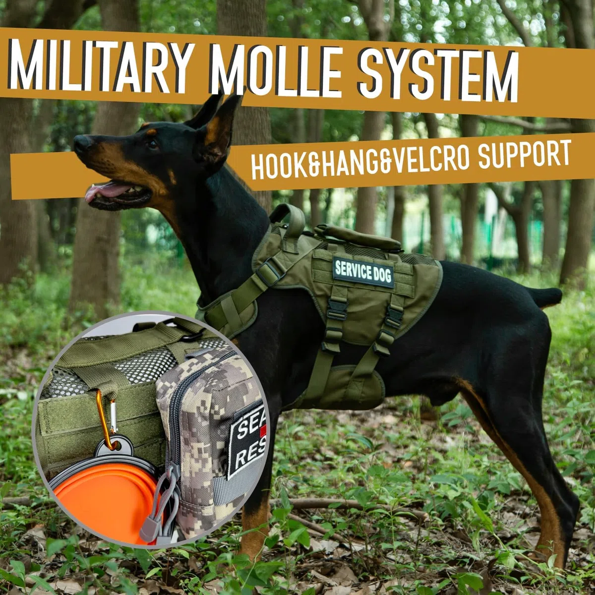 Servicehundweste für große Hunde, Grün, taktisches Geschirr mit Militär-Molle, atmungsaktives Netzgewebe, 39 g Metallschnalle, Größe M für Training und Wandern